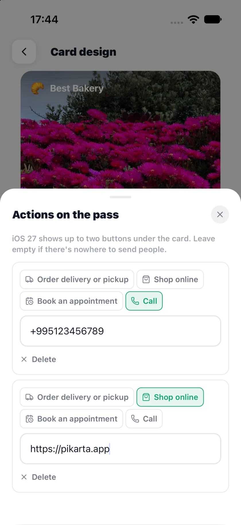 Configuring two actions in Pikarta: Call with a phone number and Shop with a website link.