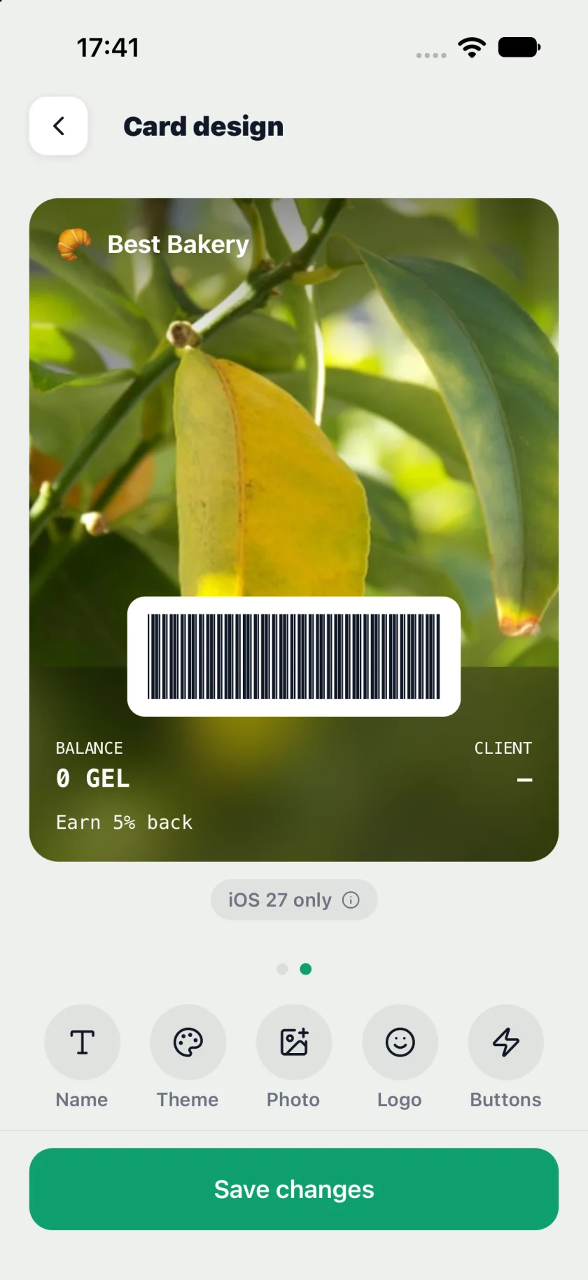 Poster preview in Pikarta: portrait artwork, card fields and the iOS 27 compatibility badge.